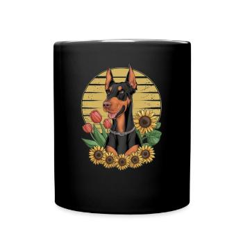 Doberman Pinscher mit Sonnenblumen und Tulpen - Tasse einfarbig - Schwarz - Vorne