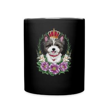 Süßer Löwchen Hund mit Blumen und Krone - Tasse einfarbig - Schwarz - Vorne