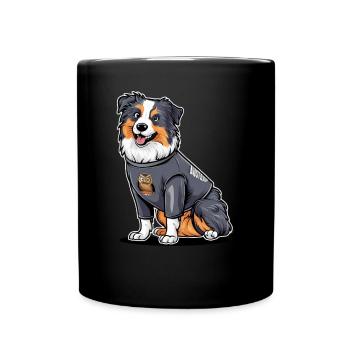 Niedlicher Australischer Schäferhund mit Eule - Tasse einfarbig - Schwarz - Vorne