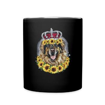 Leonberger Hund mit Krone und Sonnenblumen - Tasse einfarbig - Schwarz - Vorne