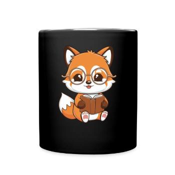 Kawaii fox with book and glasses for book fans - Full Colour Mug - black - Front