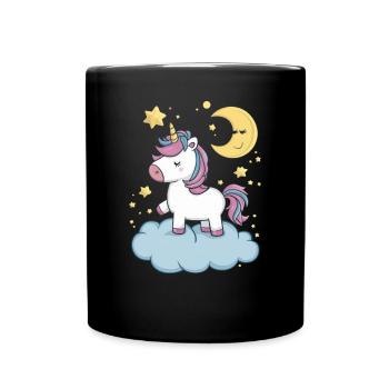 Kawaii Einhorn mit Wolken, Mond und Sternen - Tasse einfarbig - Schwarz - Vorne