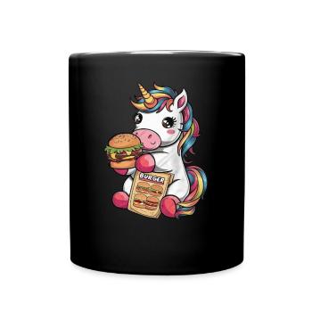 Kawaii Einhorn isst Hamburger - Tasse einfarbig - Schwarz - Vorne