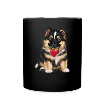 Süßer Belgischer Schäferhund Welpe mit Erdbeere - Tasse einfarbig - Schwarz - Vorne