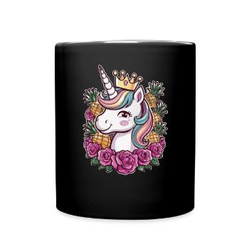 Licorne Kawaii Mignon Dessin Animé avec Roses & Ananas - Mug uni - noir - Devant