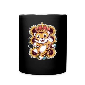 Tiger with crown and magnificent sunflowers - Full Colour Mug - black - Front