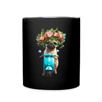 E-Rolller Mops mit Blumenkranz - Tasse einfarbig - Schwarz - Vorne
