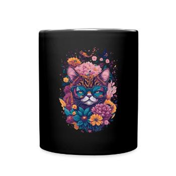 Floral Illustration einer Katze mit Sonnenbrille - Tasse einfarbig - Schwarz - Vorne
