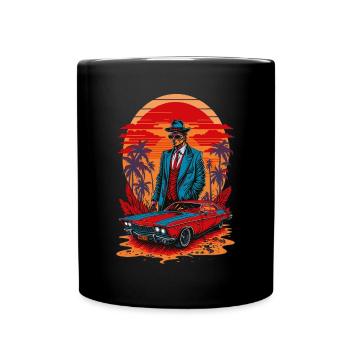 80's Mafia Gangster with Muscle Car Illustration - Full Colour Mug - black - Front