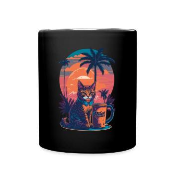 Retro Katze mit Kaffeetasse Illustration - Tasse einfarbig - Schwarz - Vorne