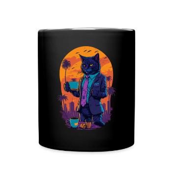 80's illustration of a cat with a coffee cup - Full Colour Mug - black - Front