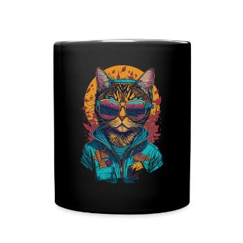 Chat avec lunettes de soleil et illustration de sweat à capuche - Mug uni - noir - Devant