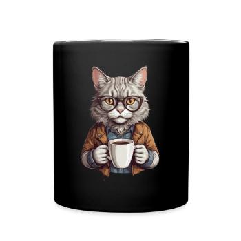 Coffee-drinking cat - Full Colour Mug - black - Front