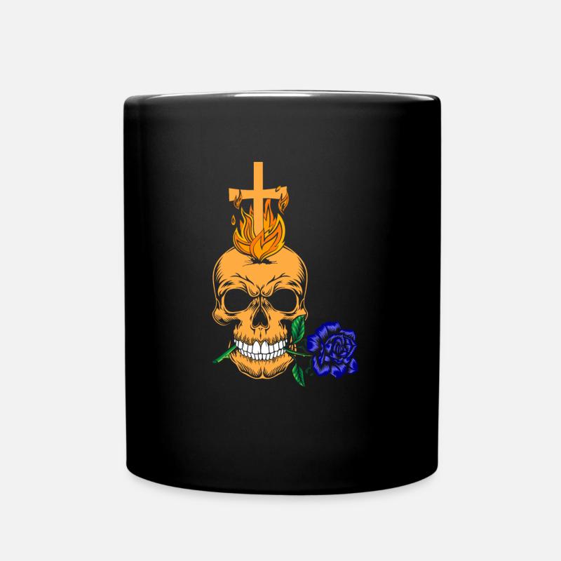 Gothic Asthetic - Totenkopf mit blauer Rose - Tasse einfarbig - Schwarz