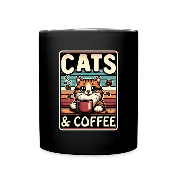 Katzen und Kaffee im Vintage Stil - Tasse einfarbig - Schwarz - Vorne