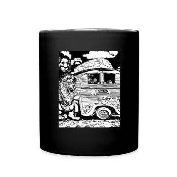 Löwe in Schwarz-Weiß um einen Wohnwagen - Tasse einfarbig - Schwarz - Vorne