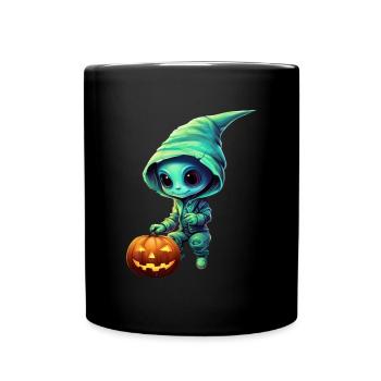 Alien d’Halloween avec citrouille - Green Alien - Mug uni - noir - Devant