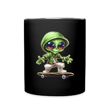 außerirdischer auf Skateboard - Grün mit Großen - Tasse einfarbig - Schwarz - Vorne