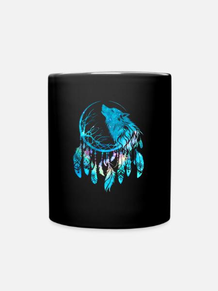 Traumfänger, Wolf, Mond, Natur, Baum, Tribal Stil - Tasse einfarbig - Schwarz