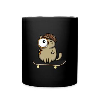 Detective cat on a skateboard with magnifying glass - Full Colour Mug - black - Front