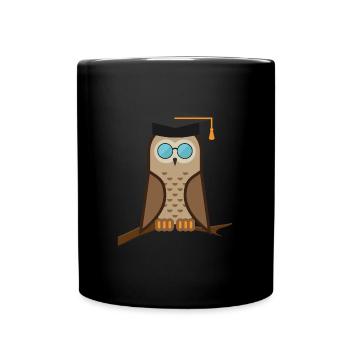 braune Eule Hedwig mit Sonnenbrille | Eulen Design - Tasse einfarbig - Schwarz - Vorne