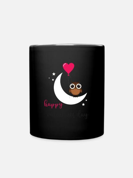 Valentine's Day Owl Heart Happy Valentine's Day - Full Colour Mug - black