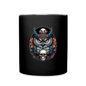 Decorative Owl with Skull and Rose Petals - Full Colour Mug - black - Front