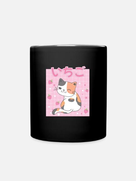 Japanische japanische Erdbeer-Katze Geschenk - Tasse einfarbig - Schwarz