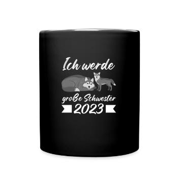Große Schwester 2023 Wolf Grosse Schwester 2023 Ge - Tasse einfarbig - Schwarz - Vorne