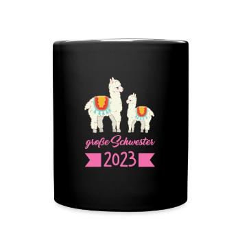 Große Schwester 2023 Alpaka Grosse Schwester 2023 - Tasse einfarbig - Schwarz - Vorne