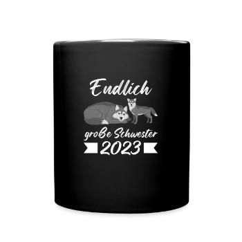 Große Schwester 2023 Wolf Grosse Schwester 2023 Ge - Tasse einfarbig - Schwarz - Vorne
