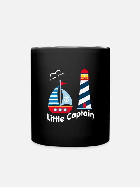Small captain with sailboat, seagulls and illumination - Full Colour Mug - black