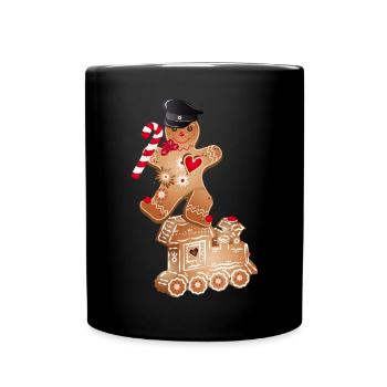Gingerbread man as engine driver on the gingerbread locomotive - Full Colour Mug - black - Front