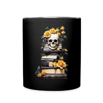 Bücherstapel mit Schädel - Tasse einfarbig - Schwarz - Vorne