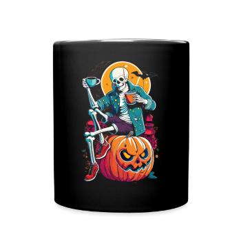 Skeleton on pumpkin - Halloween-style coffee break - Full Colour Mug - black - Front