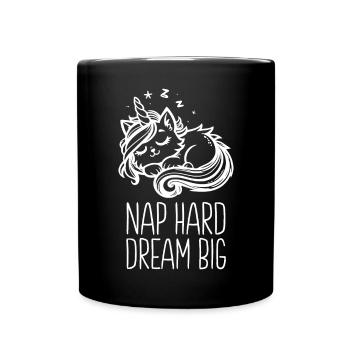 Nap Hard Dream Big Sleeping Unicorn Cat - Full Colour Mug - black - Front