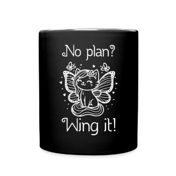 No plan? Wing it! Geflügelte Katze (weiß) - Tasse einfarbig - Schwarz - Vorne