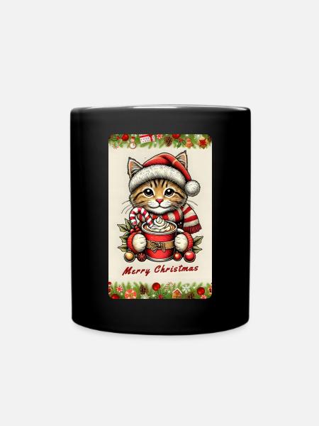 Weihnachtskatze mit heißer Schokolade - Tasse einfarbig - Schwarz