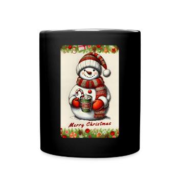 Fröhlicher Schneemann mit heißer Schokolade - Tasse einfarbig - Schwarz - Vorne