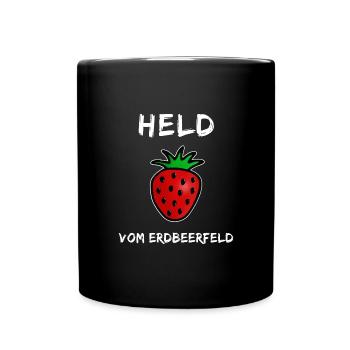 Lustiger Helden Spruch - Held vom Erdbeerfeld - Tasse einfarbig - Schwarz - Vorne