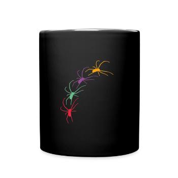 Große bunte Spinnen krabbeln diagonal - Tasse einfarbig - Schwarz - Vorne