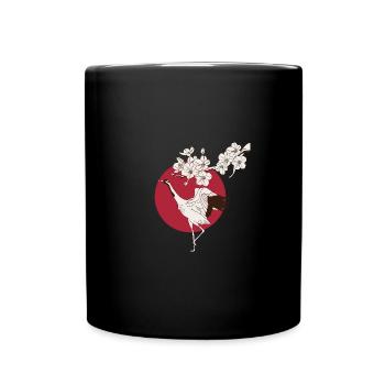 Japanischer Kranich mit Sakura - Tasse einfarbig - Schwarz - Vorne