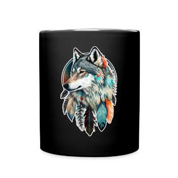 Wolf Aquarell Federn Indianer Wildtier Mandala - Tasse einfarbig - Schwarz - Vorne