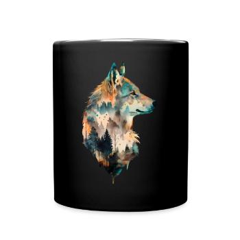Wolf Aquarell Wald Waldtier Doppelbelichtung Tier - Tasse einfarbig - Schwarz - Vorne
