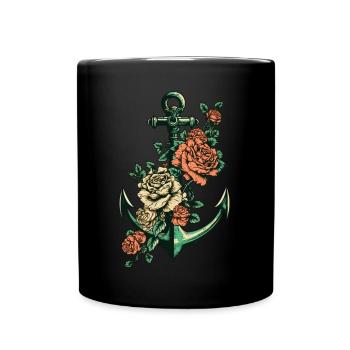 Anker mit Rosen Tattoo - Nautisch Wasser Schiff - Tasse einfarbig - Schwarz - Vorne