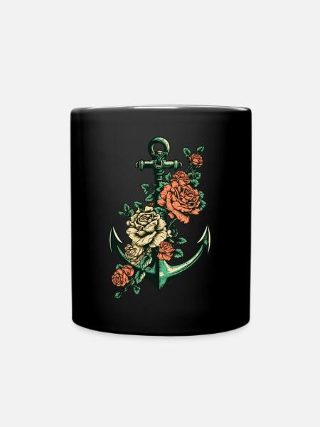 Anker mit Rosen Tattoo - Nautisch Wasser Schiff - Tasse einfarbig - Schwarz