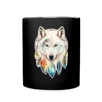 Wolf Aquarell Federn Indianer Wildtier Mandala - Tasse einfarbig - Schwarz - Vorne