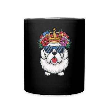 Bobtail Hund mit Krone und Blumen - Tasse einfarbig - Schwarz - Vorne