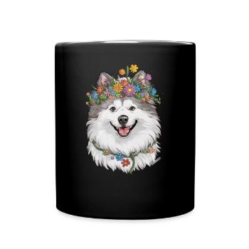 Samoyed Dog with Flower Crown - Full Colour Mug - black - Front