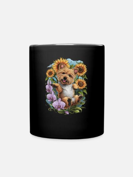 Cairn Terrier mit Sonennblumen und Orchideen - Ensfarvet krus - sort